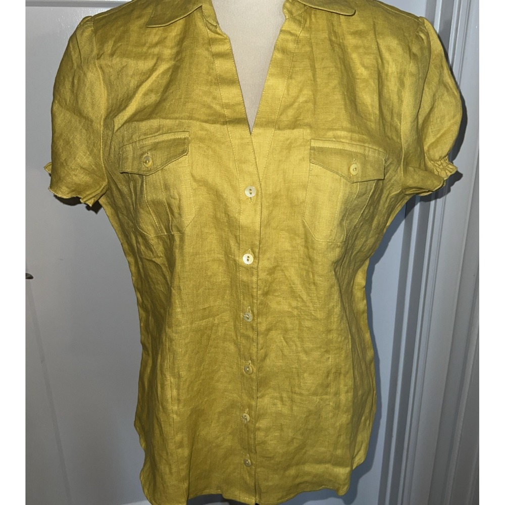 NWT Tracy M~XL~LINEN Button Down Top Short Sleeve Puffed Pockets smocked back